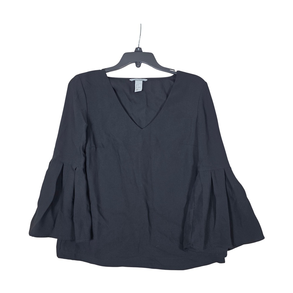 H&M Blouse Black V-Neck Pleated Bell Sleeve Size 6 Office, Chic, Minimalist - Picture 2 of 11